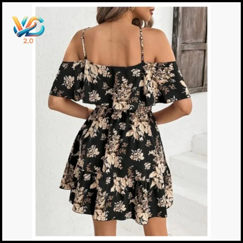 Boho Floral Cold Shoulder Mini Dress Ruffle A-Line Casual Vacation